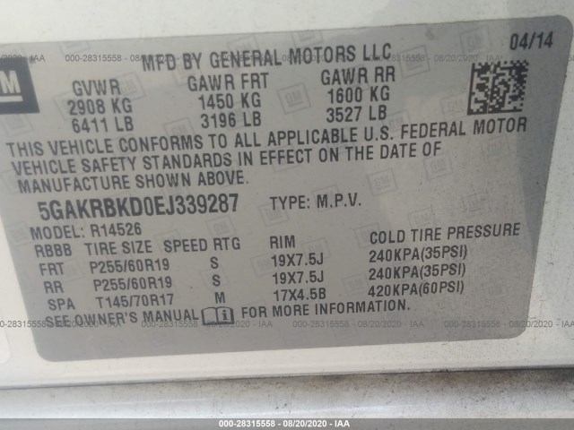 Photo 8 VIN: 5GAKRBKD0EJ339287 - BUICK ENCLAVE 