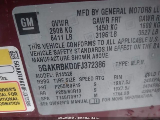 Photo 8 VIN: 5GAKRBKD0FJ372386 - BUICK ENCLAVE 