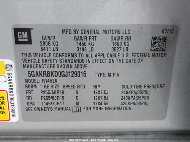 Photo 8 VIN: 5GAKRBKD0GJ129016 - BUICK ENCLAVE 