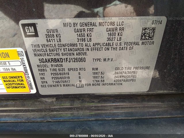 Photo 8 VIN: 5GAKRBKD1FJ126060 - BUICK ENCLAVE 