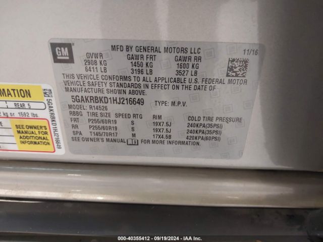 Photo 8 VIN: 5GAKRBKD1HJ216649 - BUICK ENCLAVE 