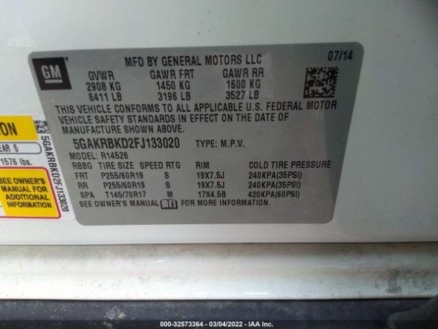 Photo 8 VIN: 5GAKRBKD2FJ133020 - BUICK ENCLAVE 