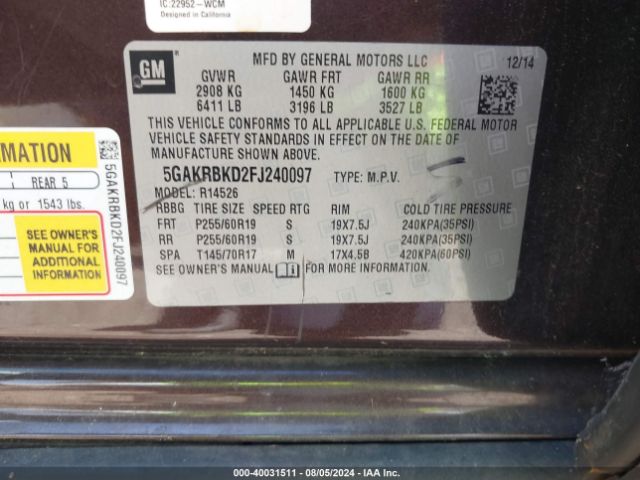 Photo 8 VIN: 5GAKRBKD2FJ240097 - BUICK ENCLAVE 