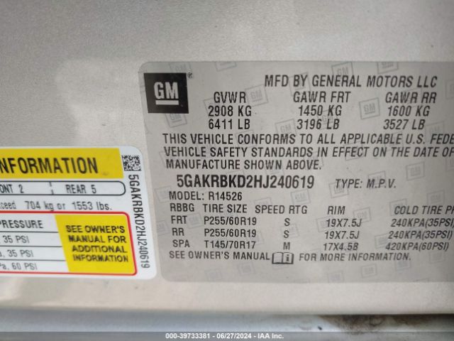 Photo 8 VIN: 5GAKRBKD2HJ240619 - BUICK ENCLAVE 