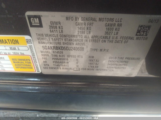 Photo 8 VIN: 5GAKRBKD5DJ240608 - BUICK ENCLAVE 