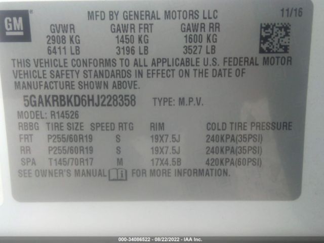 Photo 8 VIN: 5GAKRBKD6HJ228358 - BUICK ENCLAVE 