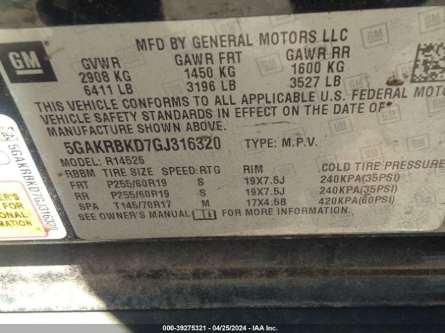 Photo 8 VIN: 5GAKRBKD7GJ316320 - BUICK ENCLAVE 