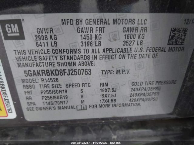 Photo 8 VIN: 5GAKRBKD8FJ250763 - BUICK ENCLAVE 