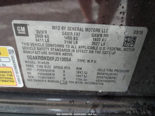 Photo 8 VIN: 5GAKRBKD8FJ310654 - BUICK ENCLAVE 