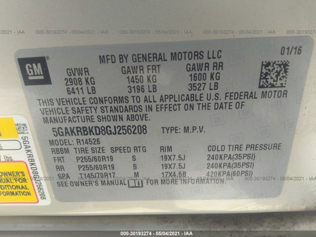 Photo 8 VIN: 5GAKRBKD8GJ256208 - BUICK ENCLAVE 