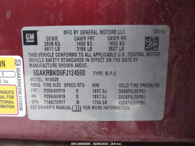 Photo 8 VIN: 5GAKRBKD9FJ124590 - BUICK ENCLAVE 