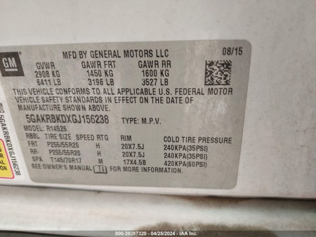 Photo 8 VIN: 5GAKRBKDXGJ156238 - BUICK ENCLAVE 