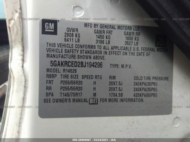 Photo 8 VIN: 5GAKRCED2BJ194296 - BUICK ENCLAVE 