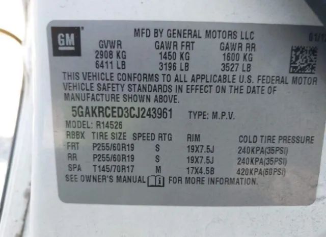 Photo 8 VIN: 5GAKRCED3CJ243961 - BUICK ENCLAVE 