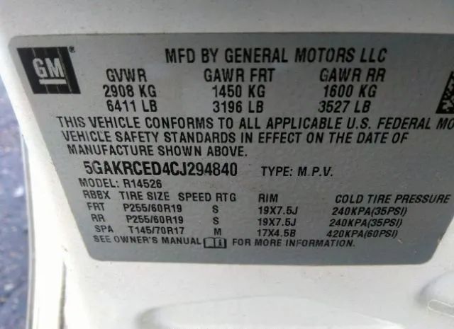 Photo 8 VIN: 5GAKRCED4CJ294840 - BUICK ENCLAVE 