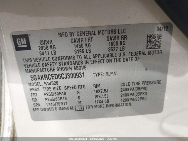 Photo 8 VIN: 5GAKRCED6CJ300931 - BUICK ENCLAVE 