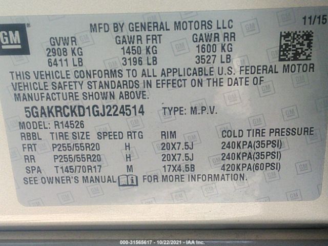 Photo 8 VIN: 5GAKRCKD1GJ224514 - BUICK ENCLAVE 