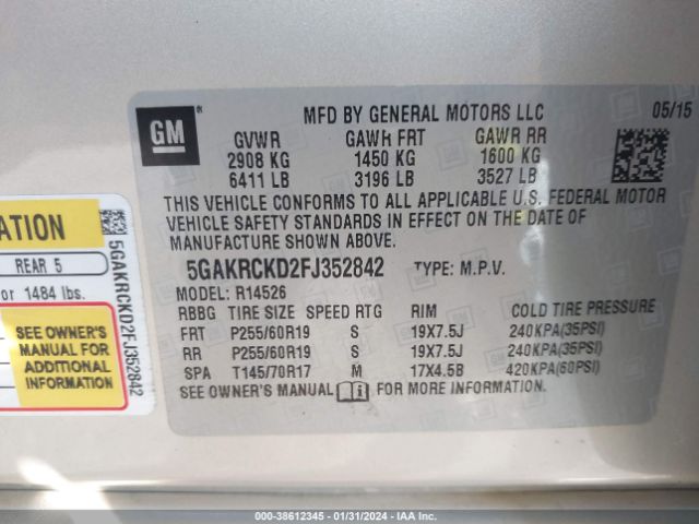 Photo 8 VIN: 5GAKRCKD2FJ352842 - BUICK ENCLAVE 