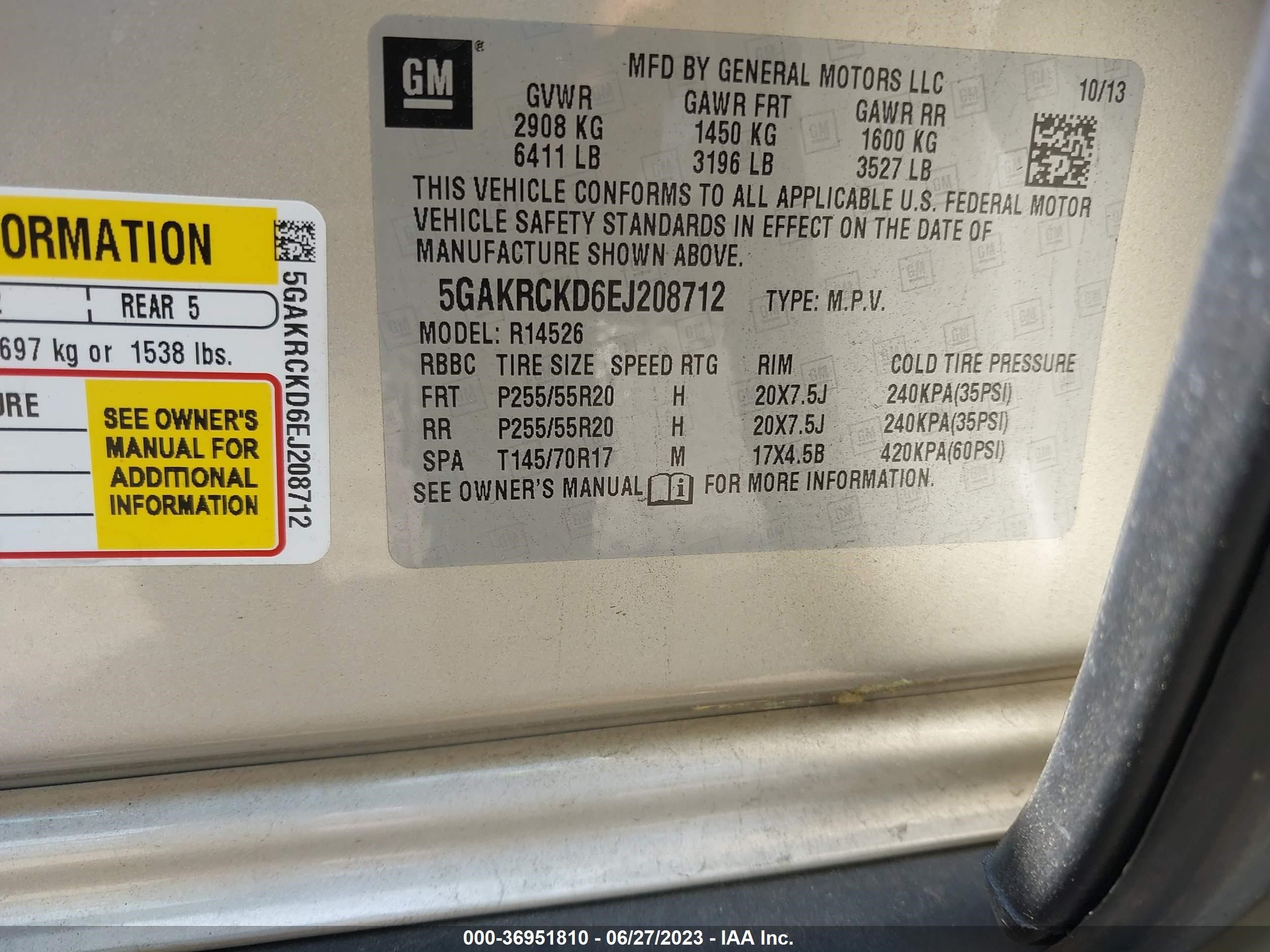 Photo 8 VIN: 5GAKRCKD6EJ208712 - BUICK ENCLAVE 