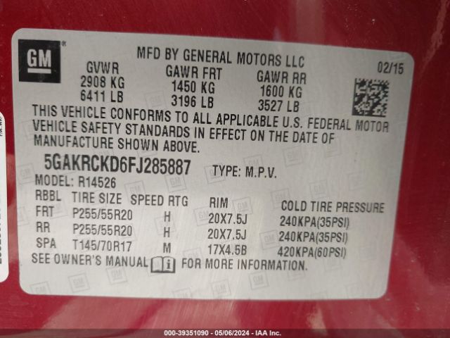 Photo 8 VIN: 5GAKRCKD6FJ285887 - BUICK ENCLAVE 