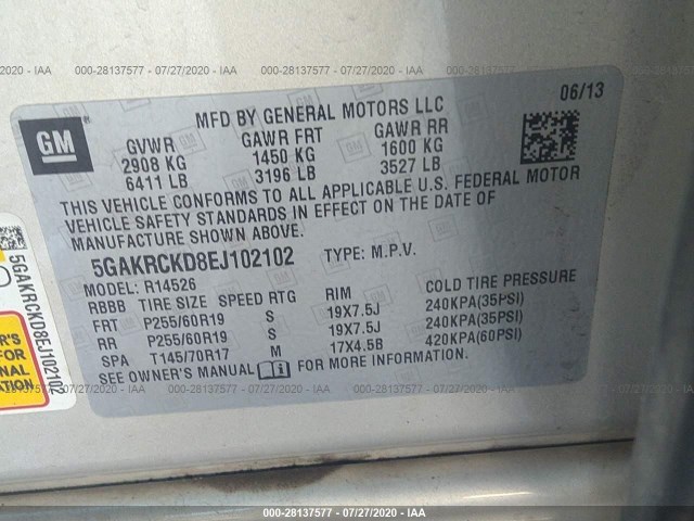 Photo 8 VIN: 5GAKRCKD8EJ102102 - BUICK ENCLAVE 