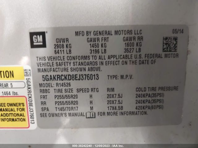 Photo 8 VIN: 5GAKRCKD8EJ376013 - BUICK ENCLAVE 