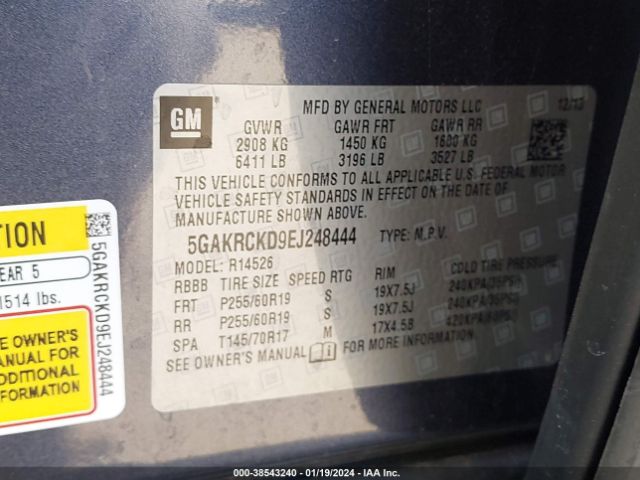 Photo 8 VIN: 5GAKRCKD9EJ248444 - BUICK ENCLAVE 