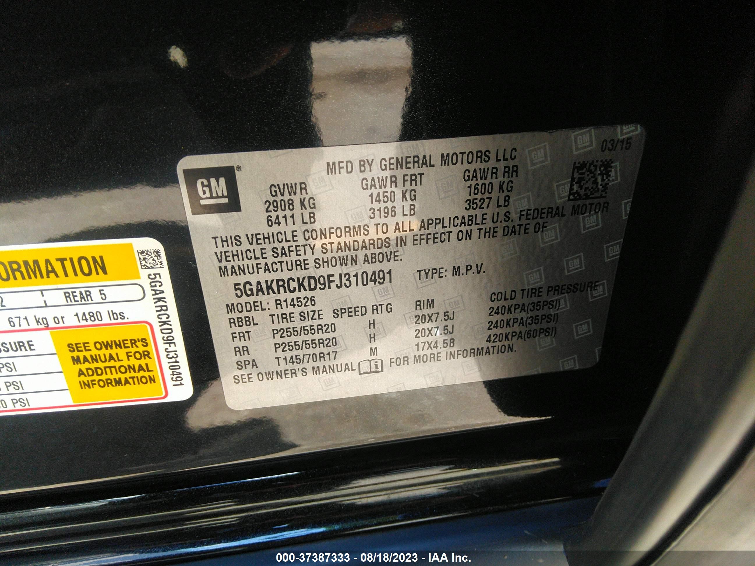 Photo 8 VIN: 5GAKRCKD9FJ310491 - BUICK ENCLAVE 