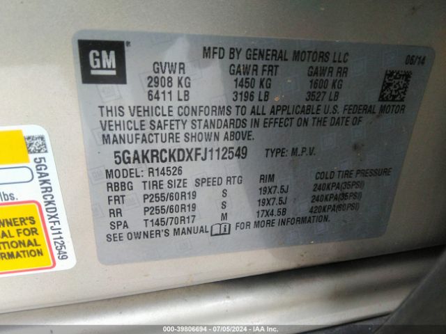 Photo 8 VIN: 5GAKRCKDXFJ112549 - BUICK ENCLAVE 