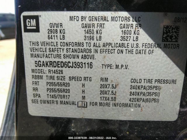 Photo 8 VIN: 5GAKRDED6CJ393116 - BUICK ENCLAVE 