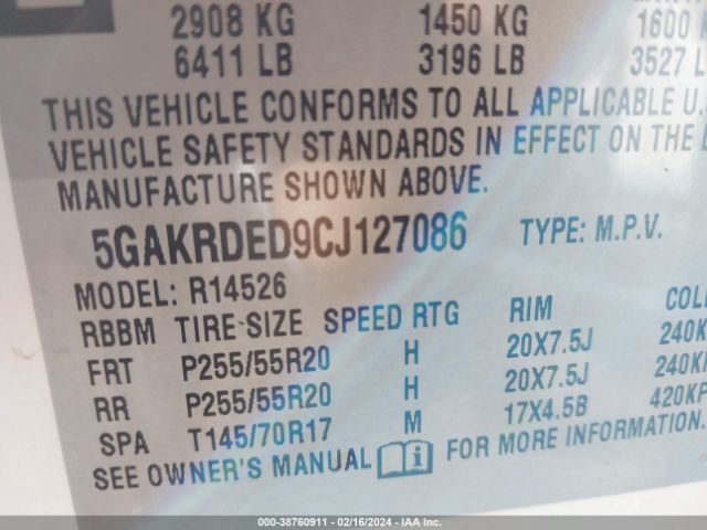 Photo 8 VIN: 5GAKRDED9CJ127086 - BUICK ENCLAVE 