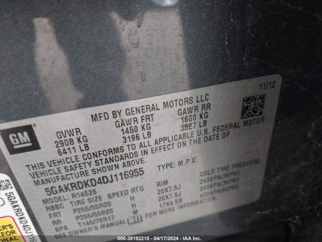 Photo 8 VIN: 5GAKRDKD4DJ116955 - BUICK ENCLAVE 