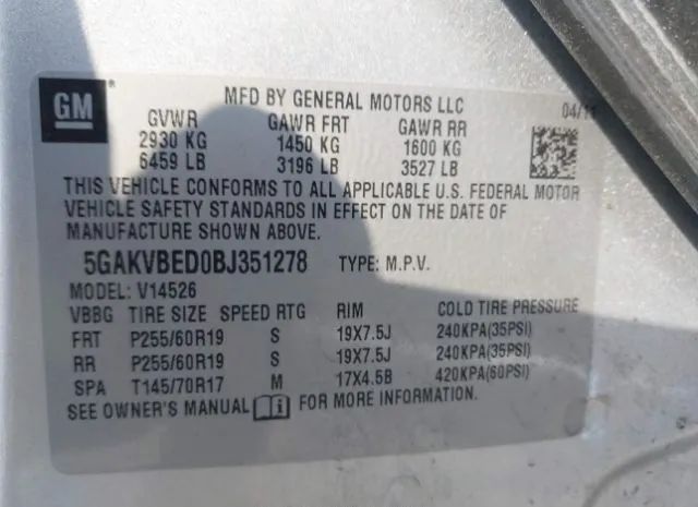 Photo 8 VIN: 5GAKVBED0BJ351278 - BUICK ENCLAVE 