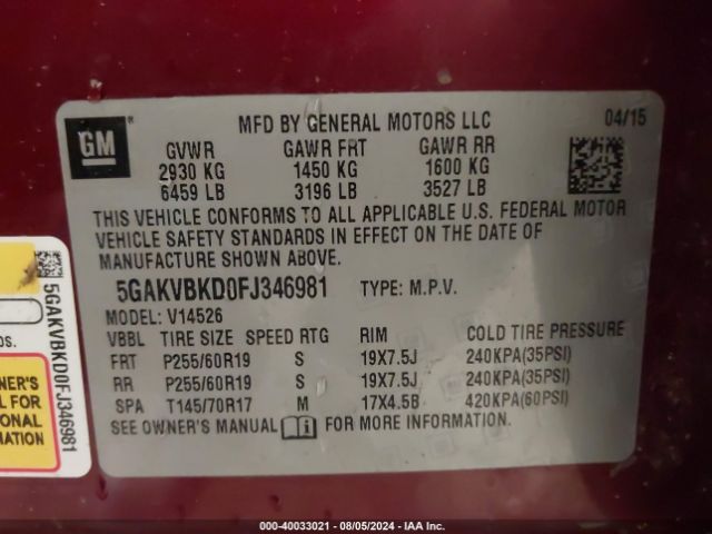 Photo 8 VIN: 5GAKVBKD0FJ346981 - BUICK ENCLAVE 