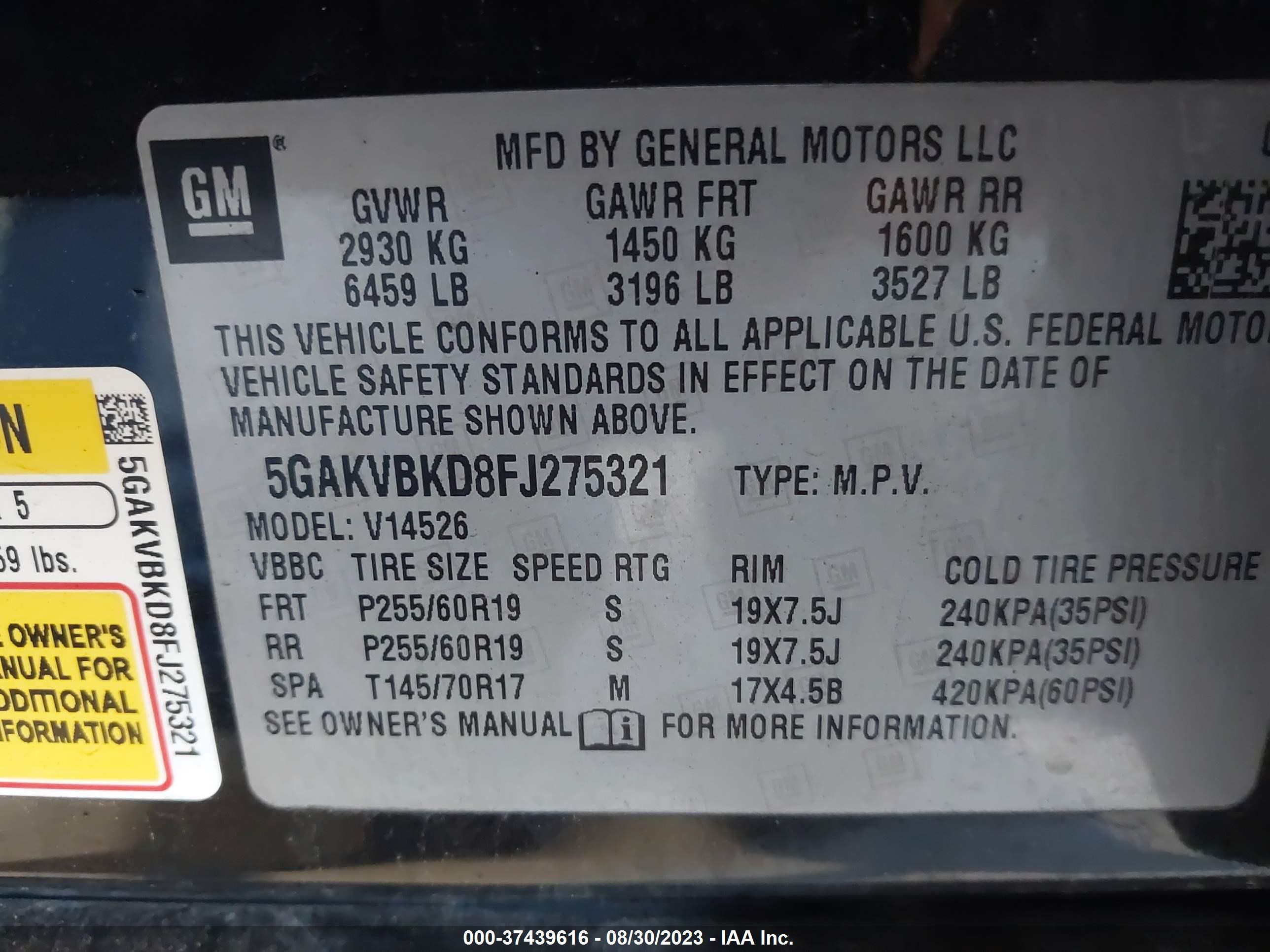 Photo 8 VIN: 5GAKVBKD8FJ275321 - BUICK ENCLAVE 