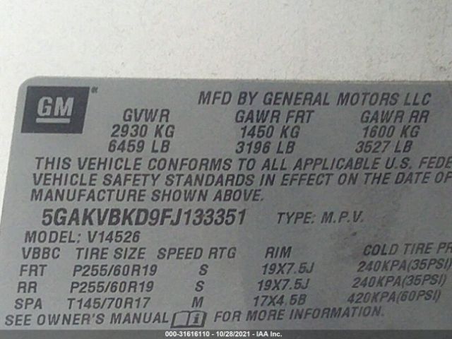 Photo 8 VIN: 5GAKVBKD9FJ133351 - BUICK ENCLAVE 