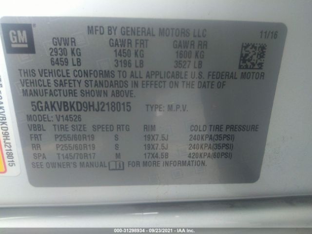 Photo 8 VIN: 5GAKVBKD9HJ218015 - BUICK ENCLAVE 