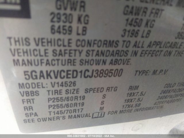 Photo 8 VIN: 5GAKVCED1CJ389500 - BUICK ENCLAVE 