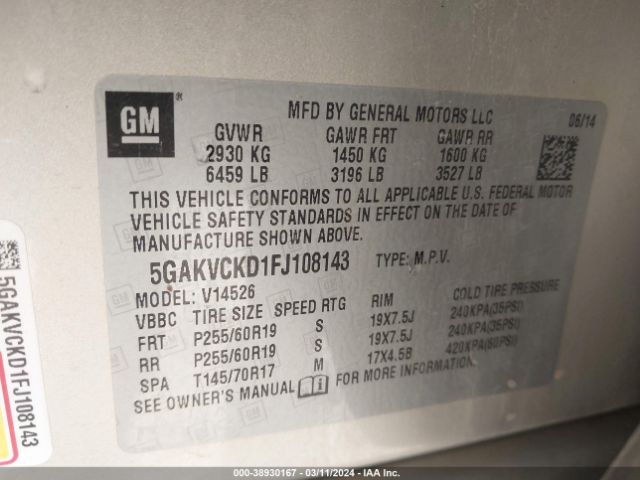 Photo 8 VIN: 5GAKVCKD1FJ108143 - BUICK ENCLAVE 