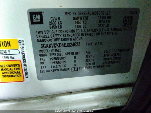 Photo 8 VIN: 5GAKVCKD4EJ324633 - BUICK ENCLAVE 