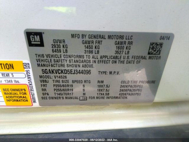 Photo 8 VIN: 5GAKVCKD5EJ344096 - BUICK ENCLAVE 