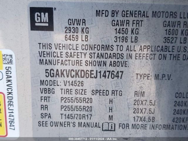 Photo 8 VIN: 5GAKVCKD6EJ147647 - BUICK ENCLAVE 