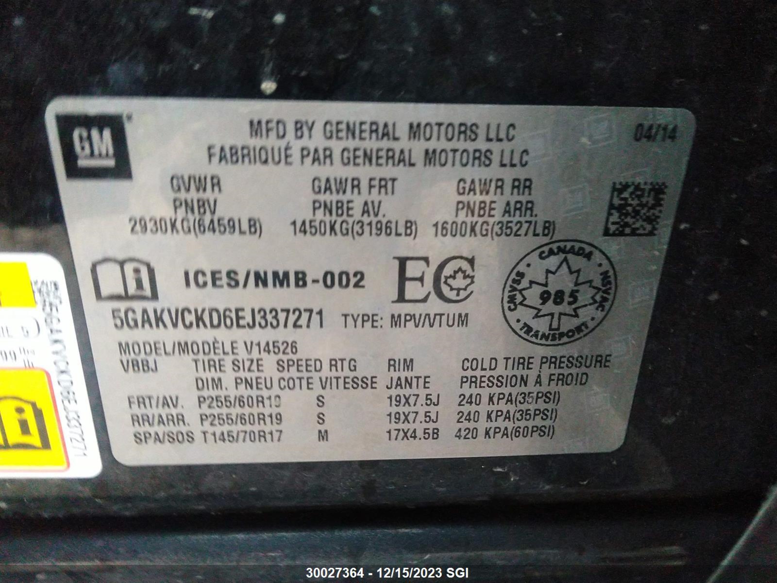 Photo 8 VIN: 5GAKVCKD6EJ337271 - BUICK ENCLAVE 