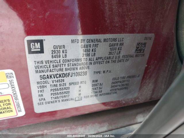 Photo 8 VIN: 5GAKVCKD6FJ109238 - BUICK ENCLAVE 