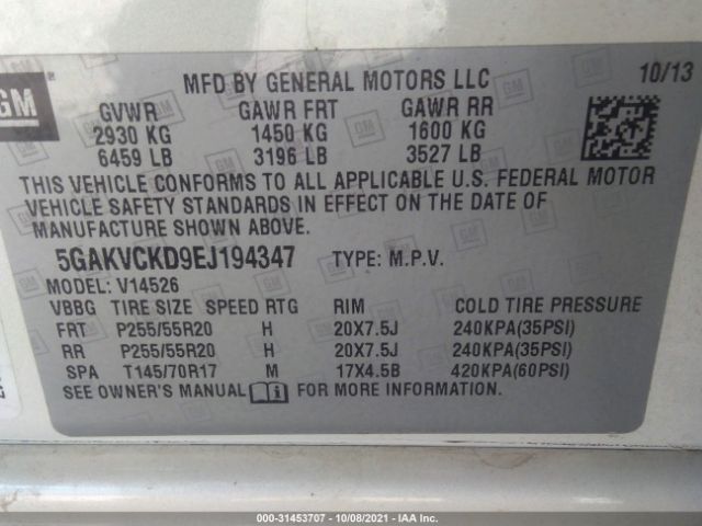 Photo 8 VIN: 5GAKVCKD9EJ194347 - BUICK ENCLAVE 