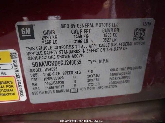 Photo 8 VIN: 5GAKVCKD9GJ240035 - BUICK ENCLAVE 