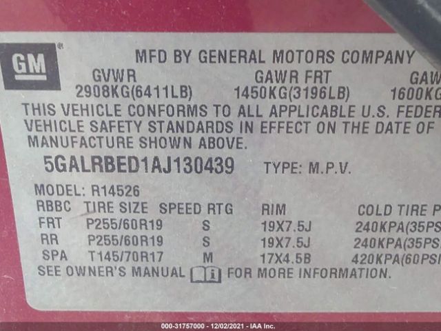 Photo 8 VIN: 5GALRBED1AJ130439 - BUICK ENCLAVE 