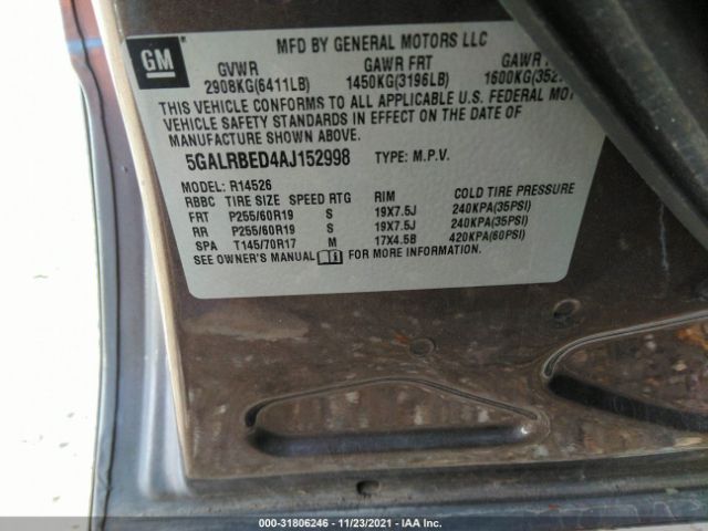 Photo 8 VIN: 5GALRBED4AJ152998 - BUICK ENCLAVE 