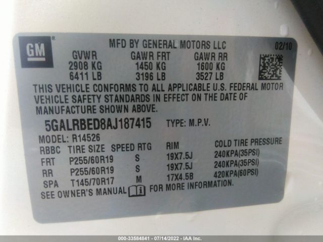 Photo 8 VIN: 5GALRBED8AJ187415 - BUICK ENCLAVE 