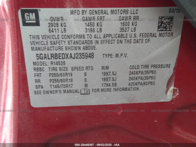 Photo 8 VIN: 5GALRBEDXAJ235948 - BUICK ENCLAVE 